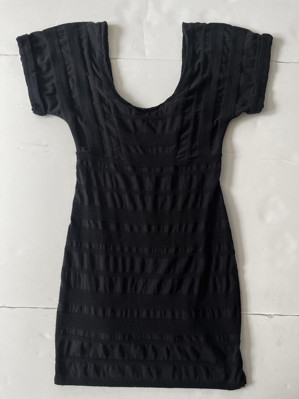 Free People Dress Womens M Black Textured Stripe Bodycon Mini Scoop Neck Stretch